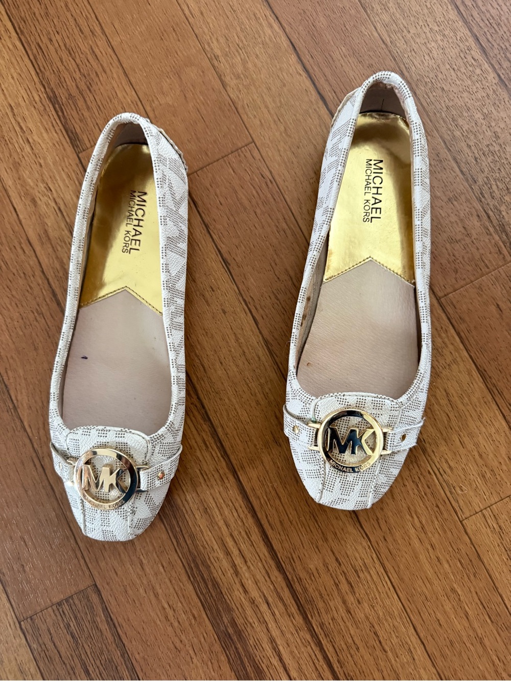 Michael Kors Cream Logo Ballet Flats with Gold MK Accent